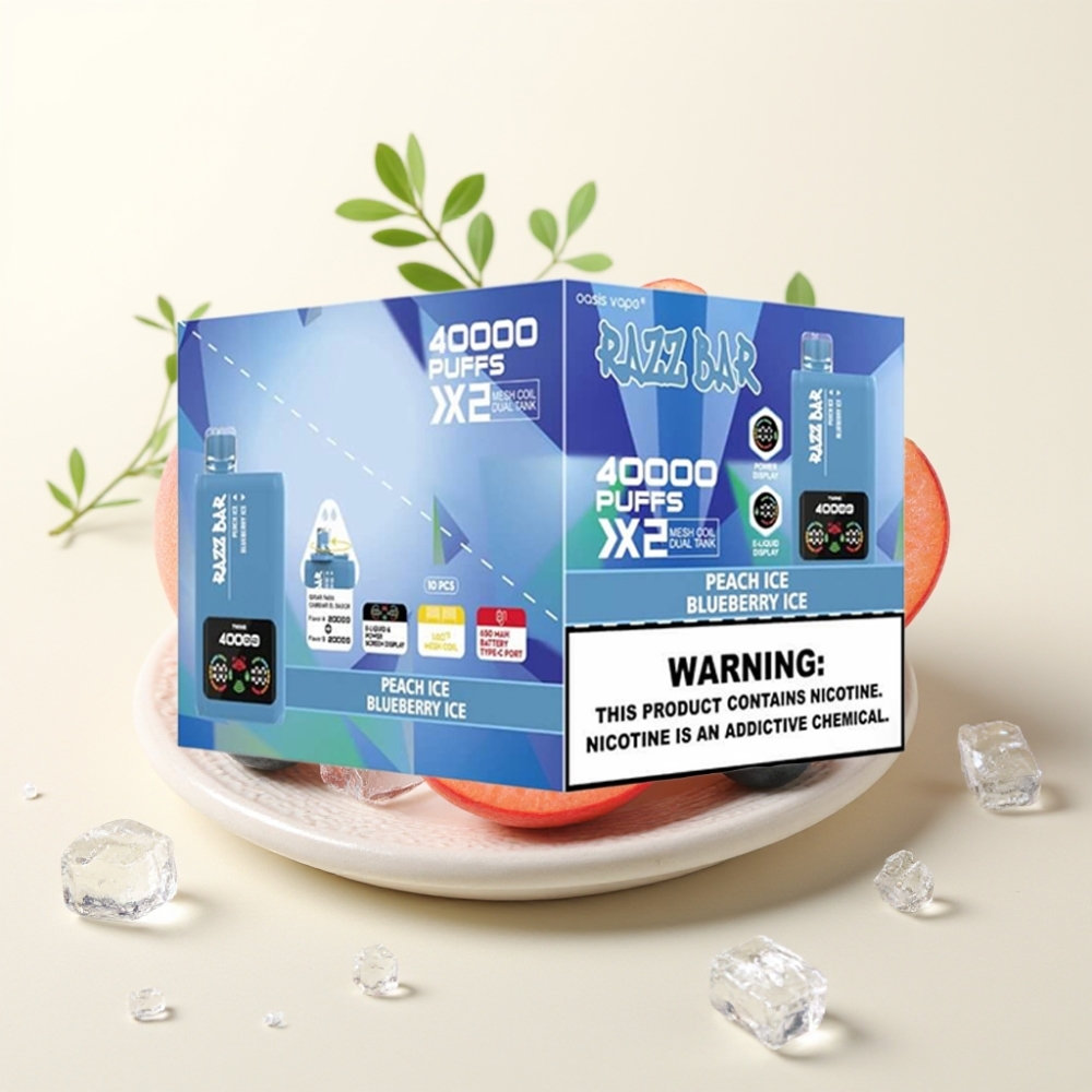 Razz Bar 40000 Puffs Vape Desechable MELOCOTÓN HELADO & ARÁNDANO HELADO Pantalla Potencia
